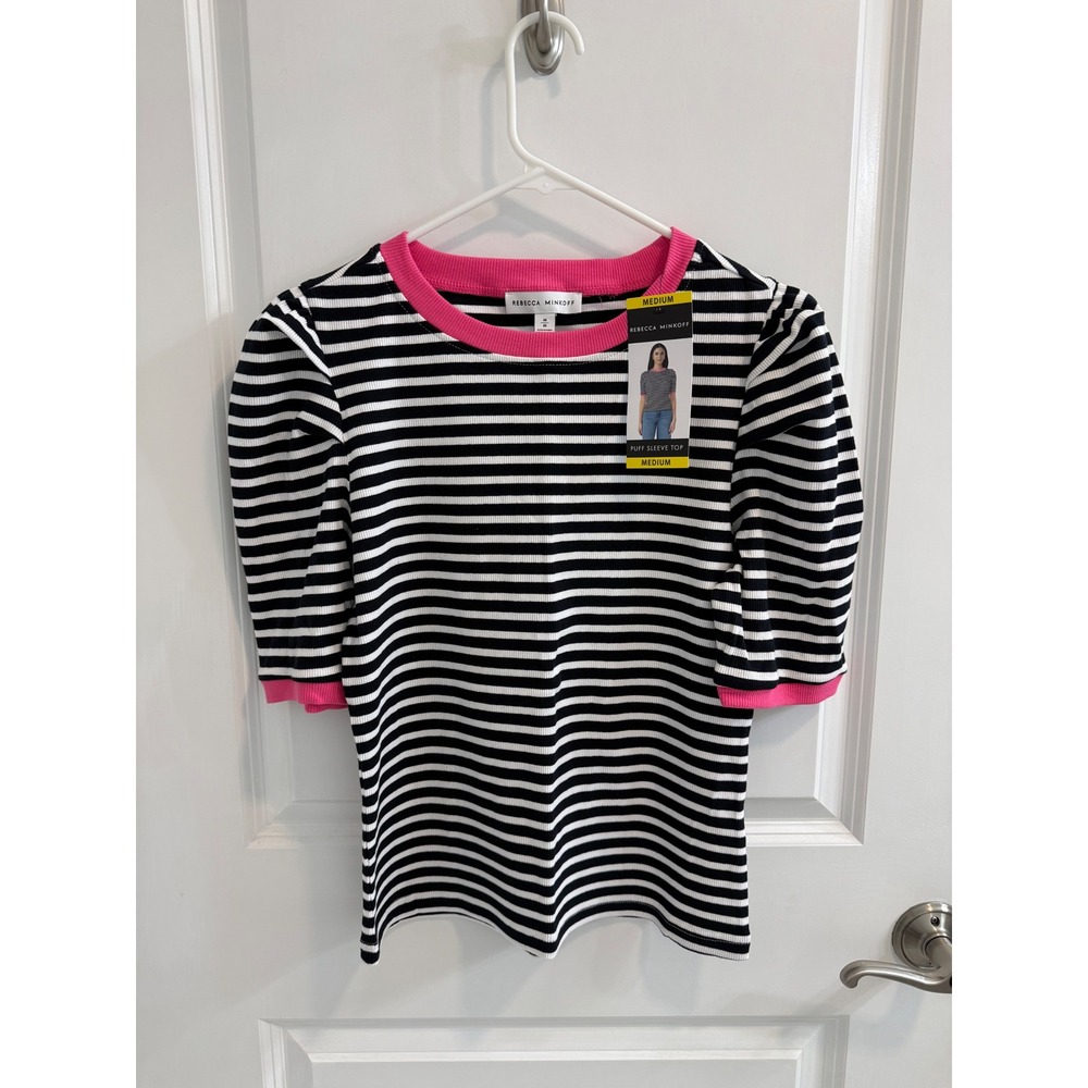 Rebecca Minkoff Puff Sleeve Top Black White Striped Pink Trim Ribbed Knit Medium